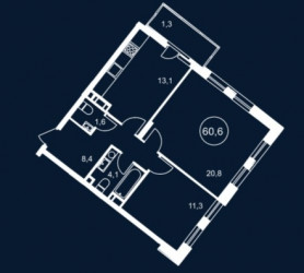 Двухкомнатная квартира 60.6 м²