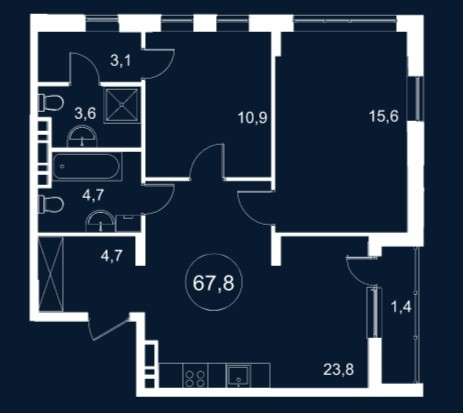 Двухкомнатная квартира 67.8 м²