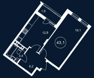 Однокомнатная квартира 43.1 м²